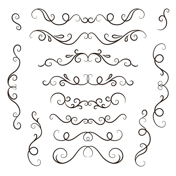 Hand Drawn Calligraphy Decorative Vector Line Border Set Swirl Dividers — Stock Vector