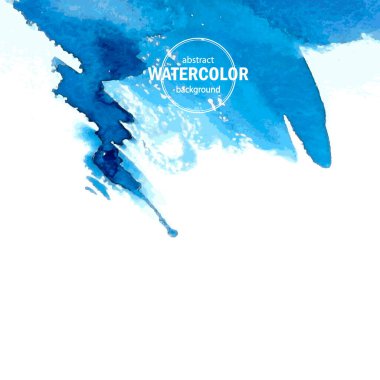 Mavi suluboya leke beyaz arkaplana yayılmış. Modern tasarım için soyut vektör bileşimi, suluboya dokusu, fırça darbeleri
