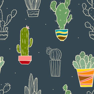Farklı kaktüslü, pürüzsüz bir şekil. Yeşil kaktüsle tekrarlanan parlak doku. Çöl bitkileri ile doğal el çizimi arka plan.