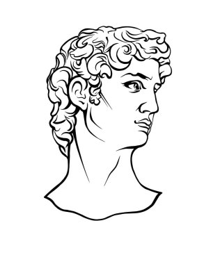 Antik heykel başı çizimi. Heyecan çağının sanat eseri. David 'in kafasının el çizimi. Rönesans dönemi. Michelangelo Heykeli.