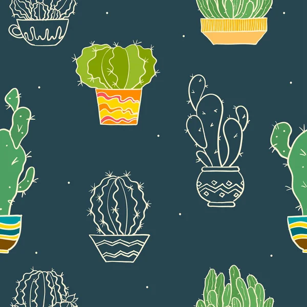 有不同仙人掌的矢量无缝图案 明亮的重复纹理与绿色仙人掌 沙漠家庭植物自然手绘背景 — 图库矢量图片