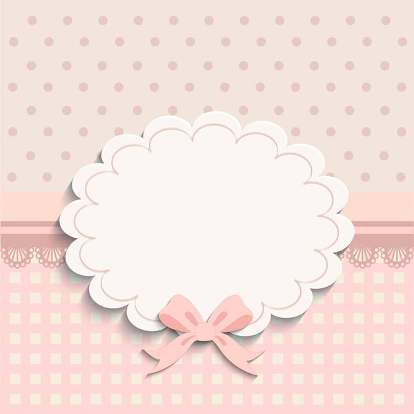 Baptism invitation for girls template. Pink, pastel colors. Vintage frame with symbols, polka dot background.