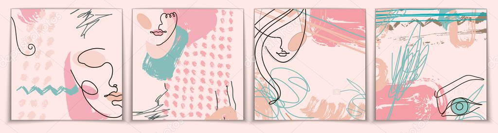 Contemporary continuous one line free hand drawing. Logo portrait in modern graphic style with simple colorful organic shapes and lines. Flyer mockup with shadow overlay. fashion concept, woman beauty minimalist with doodle Abstract elements pastel c