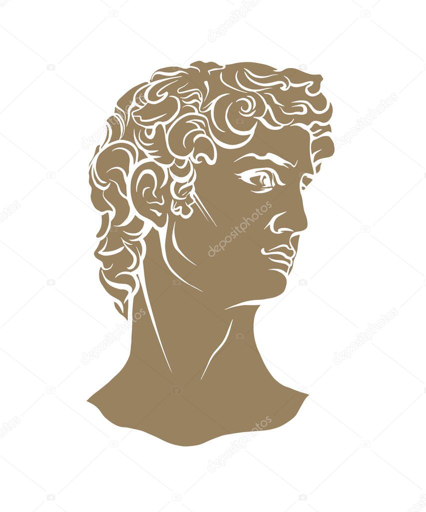 Antique statue head illustration. Work of art of the era of excitement. Hand drawing illustration of David's head. Period of Renaissance. Sculpture of Michelangelo.