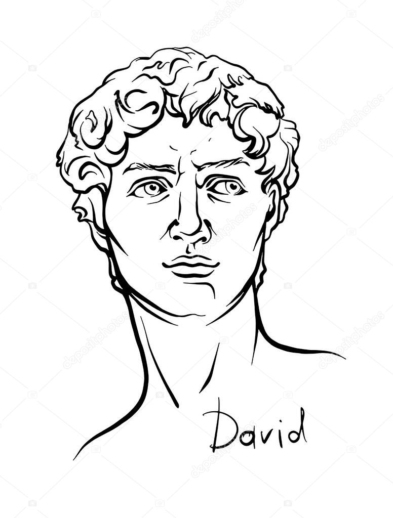 Antique statue head illustration. Work of art of the era of excitement. Hand drawing illustration of David's head. Period of Renaissance. Sculpture of Michelangelo.