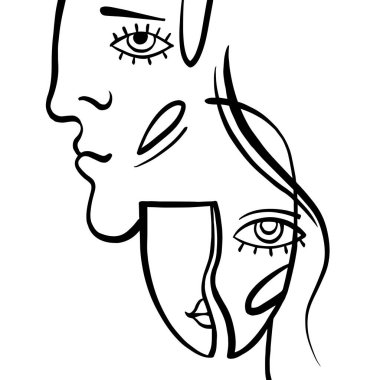 Erkek, kadın, çizgi sanatının minimalist avatarı. Soyut tarzda en az kübizm yüzü. Modern poster için siyah ve beyaz tasarım, modern duvar sanat dekoru, kumaş için baskı, boyalı insanlar arka plan