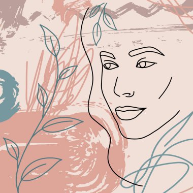 Soyut yüz çizimi. Kadın moda portresi, amatör el çizimi. Asgari poster. Pankartlar, el ilanları, broşürler, davetiyeler için çağdaş moda tasarımı.