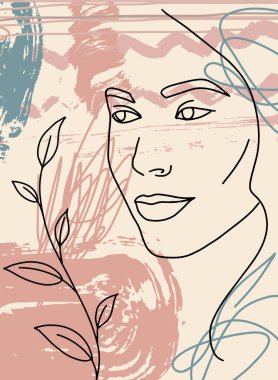 Soyut yüz çizimi. Kadın moda portresi, amatör el çizimi. Asgari poster. Pankartlar, el ilanları, broşürler, davetiyeler için çağdaş moda tasarımı.