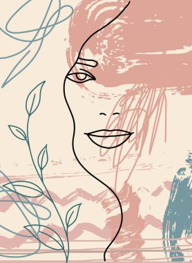 Soyut yüz çizimi. Kadın moda portresi, amatör el çizimi. Asgari poster. Pankartlar, el ilanları, broşürler, davetiyeler için çağdaş moda tasarımı.