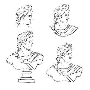 Antik Yunan tanrısı mitolojik kahramanın heykeli. Klasik bir Apollo büstü ve kafasının siyah beyaz çizimi. Eşsiz sanat eserleri, çizgi sanatı