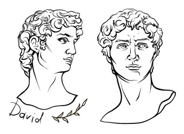 Antik Yunan mitolojik kahramanı. El yapımı güzel vektör çizimleri izole edilmiş. Efsaneler ve efsaneler. Michelangelo 'nun heykelinin David yüzü İncil kahramanı David Vintage çizimi