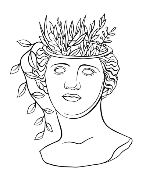 时尚的矢量印刷与雕像的头像阿佛洛狄忒维纳斯 新的复古 线条画和花卉元素 希腊古典神像的雕塑 罗马古董雕塑当代线性艺术 — 图库矢量图片