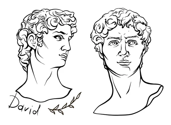 古代ギリシャの神話の英雄 手描きの美しいベクトルアートワークが孤立 神話や伝説 ミケランジェロの顔は聖書の英雄デビッド ヴィンテージの線画を彫刻 — ストックベクタ