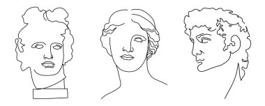 Antik antik heykel seti. Venüs, Afrodit, David, Apollo heykel başı, klasik siyah beyaz çizim, yaratıcı çizim