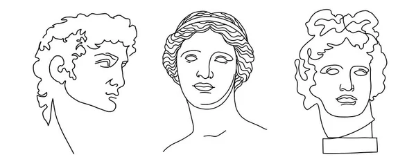 一套古老的古董雕塑 维纳斯 阿芙罗狄蒂 阿波罗雕像头 古老的黑白插图 创造性绘画 — 图库矢量图片