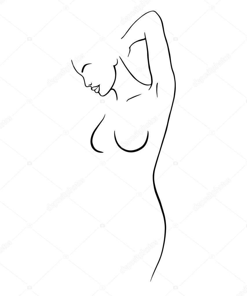 Outline of a young girl. Stylized slim body, frost art, black and white vector illustration. The contour of a slender figure. Female figure front view