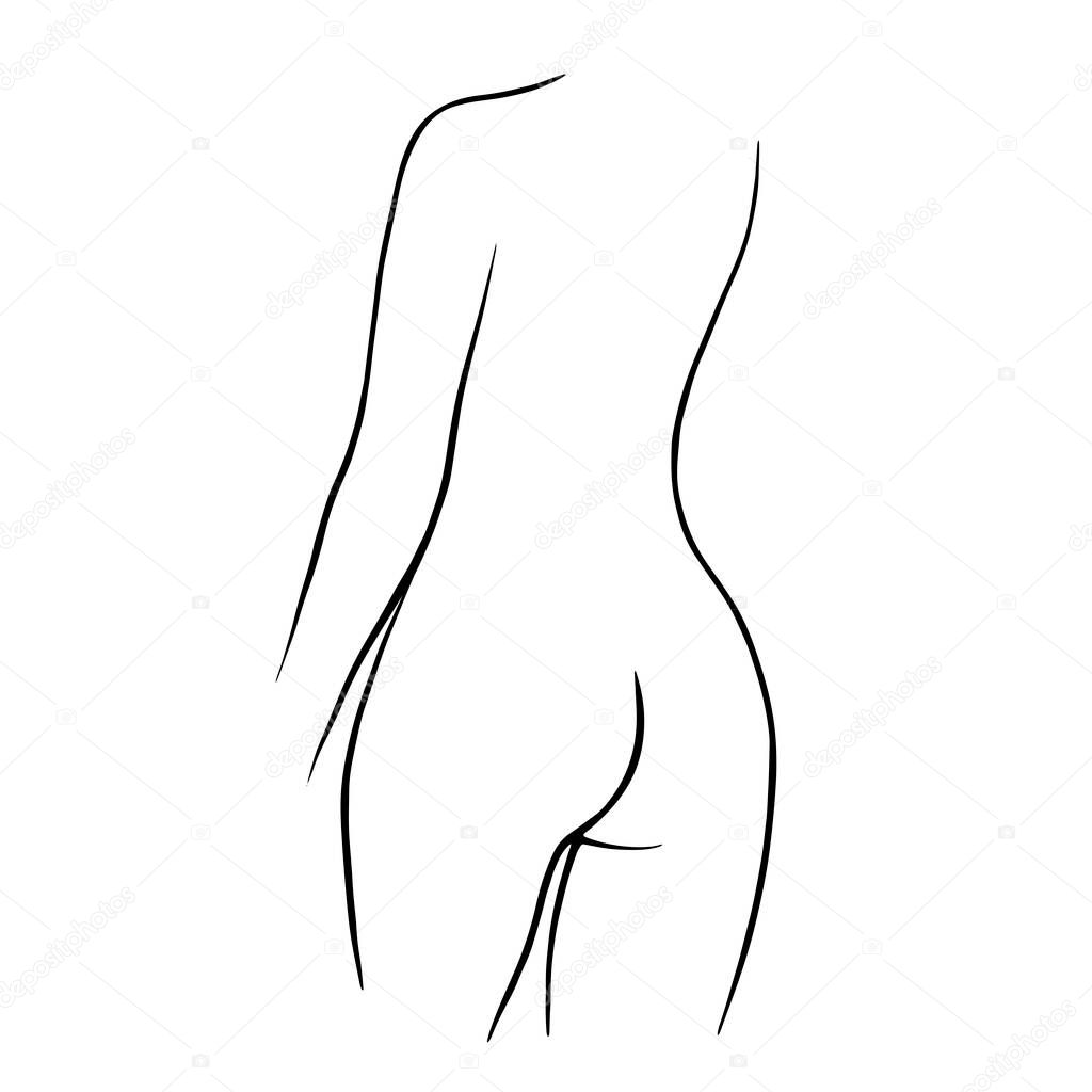Outline of a young girl. Stylized slim body, frost art, black and white vector illustration. The contour of a slender figure. Female figure back view