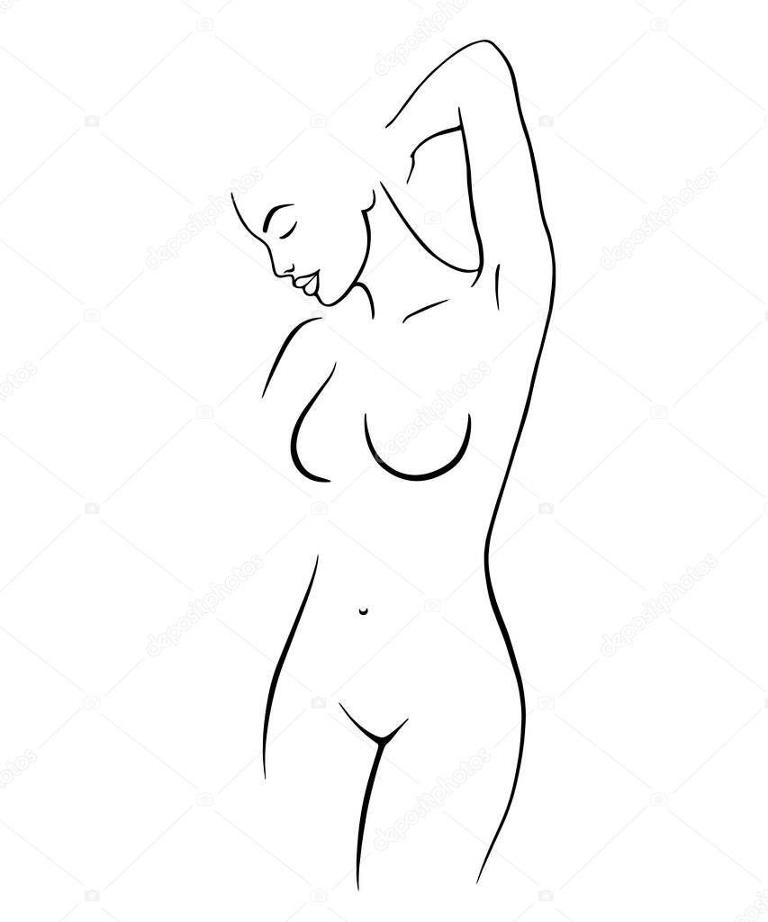 Outline of a young girl. Stylized slim body, frost art, black and white vector illustration. The contour of a slender figure. Female figure front view