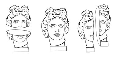 Koleksiyonu hazırla. Farklı alçı başları Apollo heykeli. Elle çizilmiş stil. Vektör yaratıcı illüstrasyon.