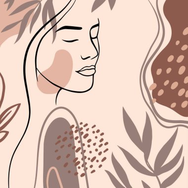 Modern tarzda bir kadının soyut portresi. El çizimi yüz, modaya uygun arka plan çizimleri. Moda tasarımı için moda vektör amblemi