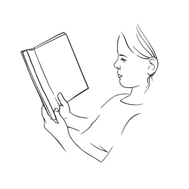 Kız kitap okuyor, doğrusal sanat siyah beyaz