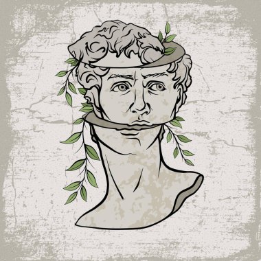 David 'in soyut sanat tarzındaki yeraltı büstü. Michelangelo tarafından yapılmış antik bir David heykeli grunge stili vektör grafikleri ve klasik rönesans ile çerçevelenmiştir..
