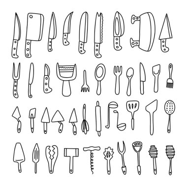 İzole edilmiş beyaz arkaplanda mutfak aletleri çizimi.