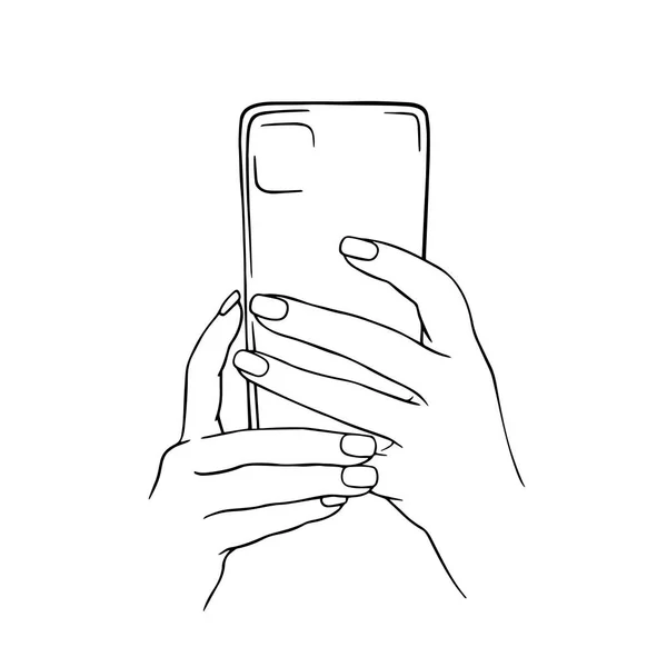 Zblízka Dvě Ruce Držící Smartphone Vektorová Čára Ilustrace Bílém Pozadí — Stockový vektor