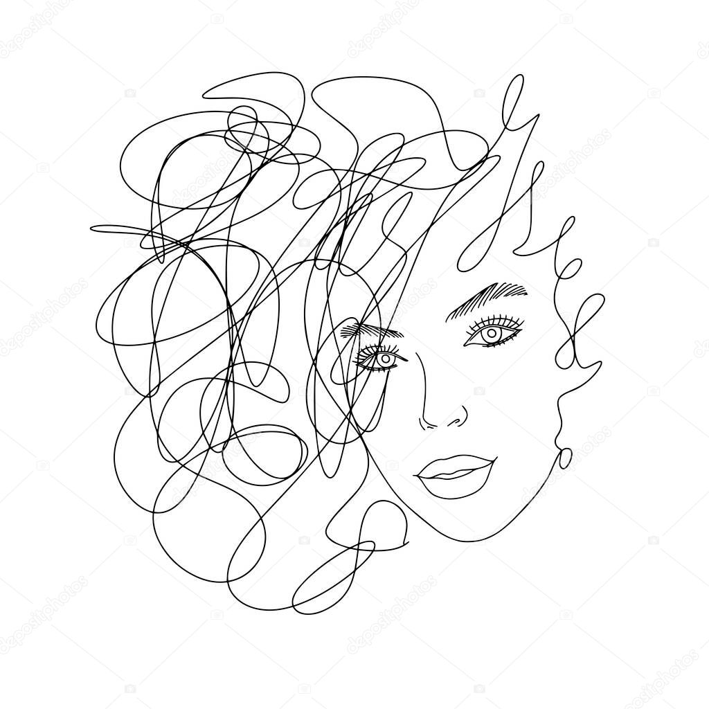 Portrait minimalist.Modern fashion linear female face. Beautiful women in minimal line style for logo, emblem template. Modern print. .Beauty salon