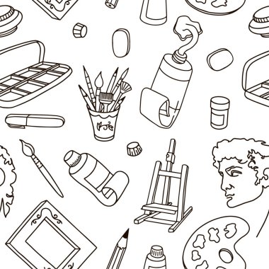 Çizim, resim, palet, fırça, sehpa, boya hakkında doğrusal çizimlerle kusursuz vektör deseni