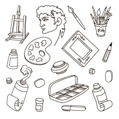 Resim yapmak. El çizimi çizimi vektör sanatçı materyalleri. Boya aletleri ile siyah ve beyaz tasvirler. Fırçalar, boya tüpleri, beyaz arka planda izole edilmiş palet, çizim okulu