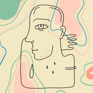 çizgi soyut yüz çiziyor. Kübizm, sürrealizm, modern sanat. Modern moda elementler beyaz arka planda izole edildi. Bir adamın el çizimi vektör çizimi