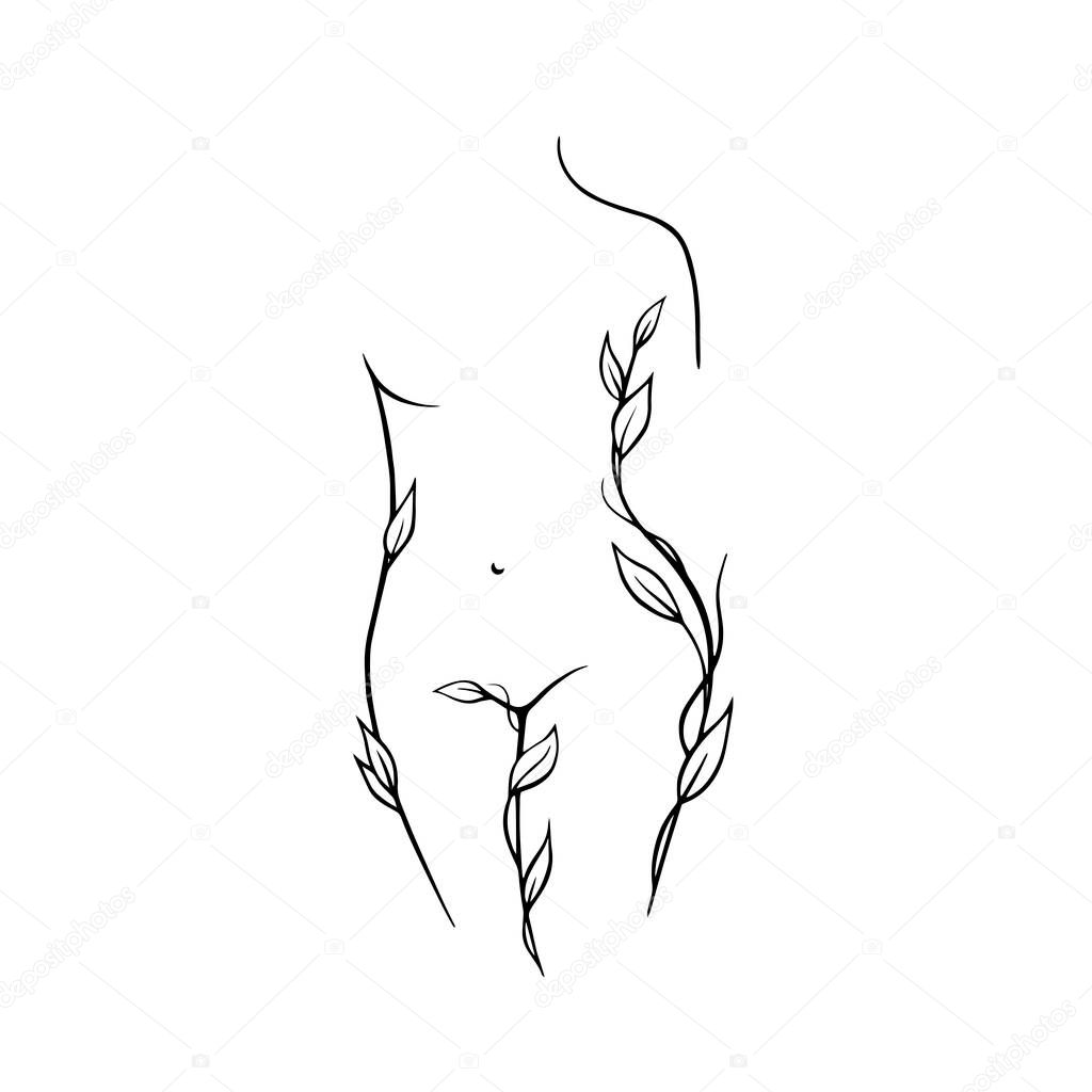 Outline of a young girl. Stylized slim body, frost art, black and white vector illustration. The contour of a slender figure. Female figure front view