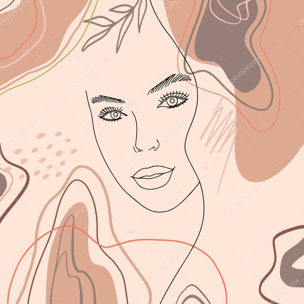 Abstract woman portrait in modern linear minimalistic style. Hand drawn faces, artwork on a trendy background. Fashion vector