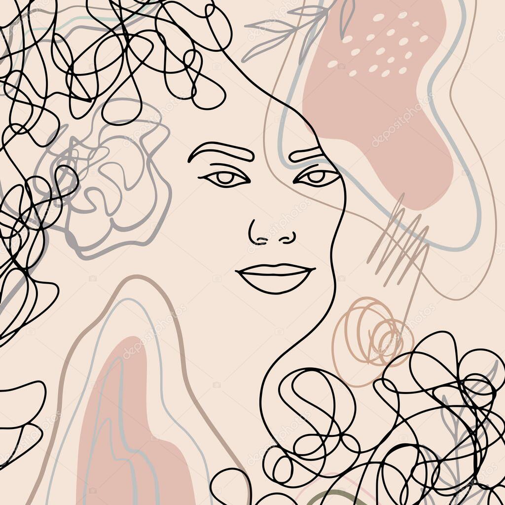 Abstract woman portrait in modern linear minimalistic style. Hand drawn faces, artwork on a trendy background. Fashion vector