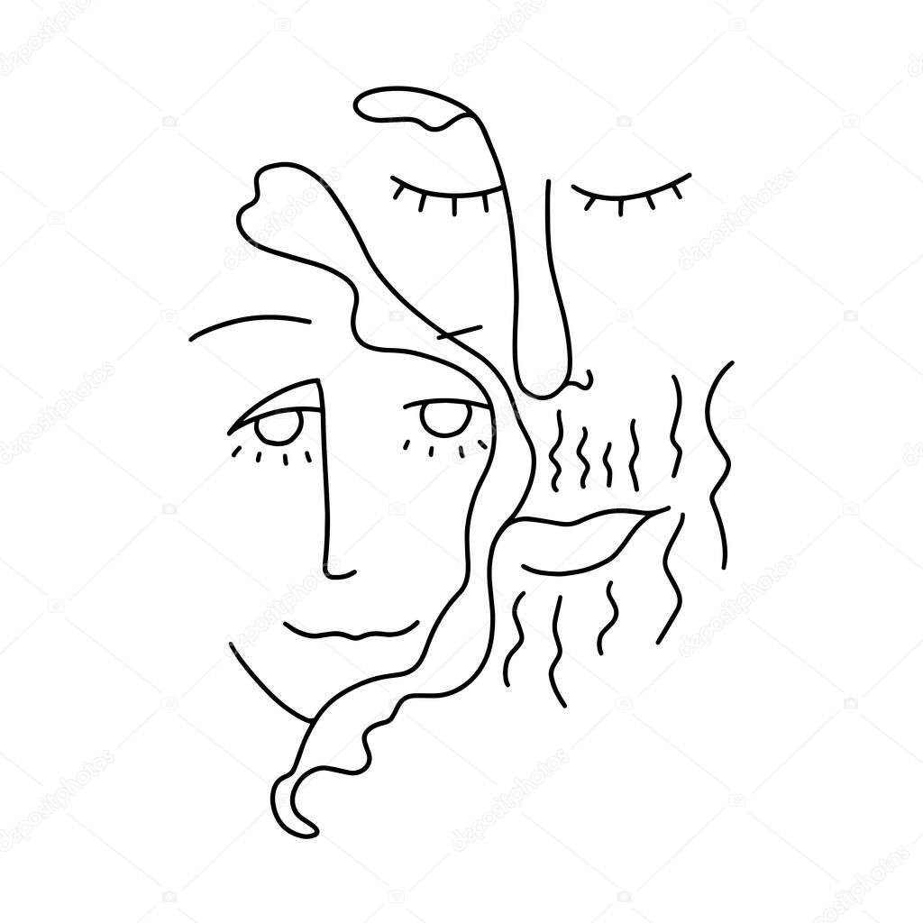 Minimalist avatar of man, woman, line art. Minimal Cubism face in abstract style. Black and white design for modern poster, contemporary wall art decor, print for cloth, painted people background