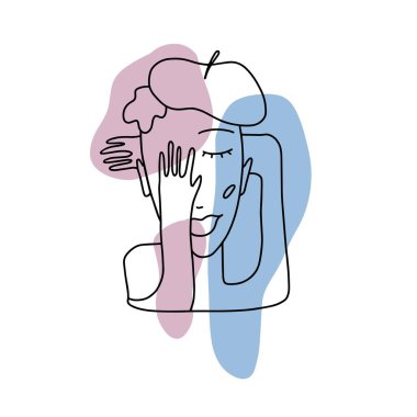 Asgari soyut kübizm yüz. Doğrusal soyut yüz. Kadın ya da erkeğin minimalist avatarı. Devamlı çizgi çizimi. Ev dekorasyonu için tasarım.