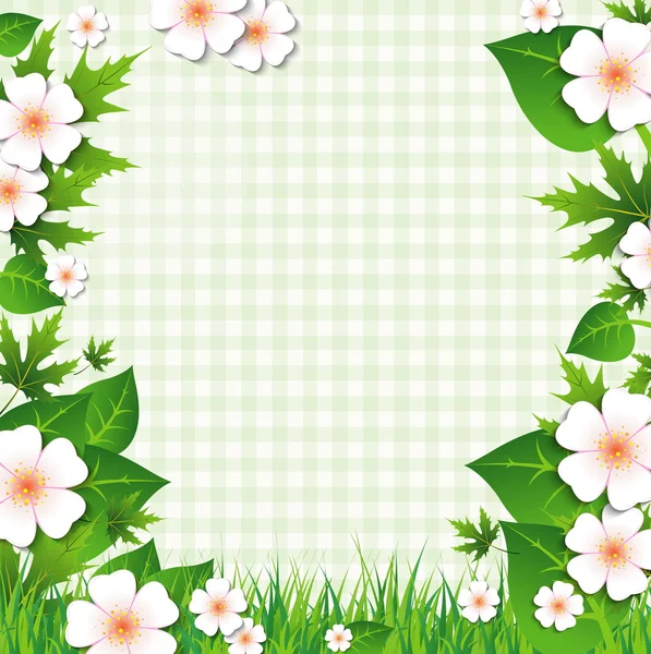 Fondo natural con flores y una postal en blanco — Vector de stock