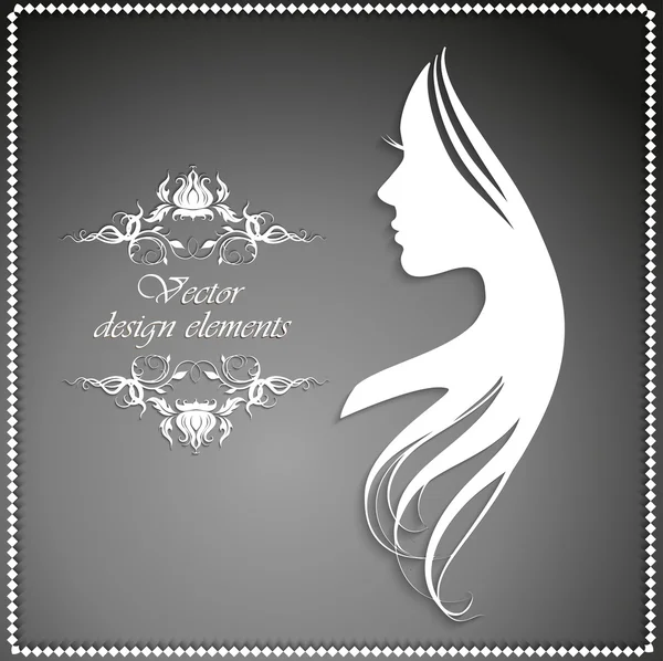 Silhouette d'une fille aux cheveux longs et beau motif — Image vectorielle