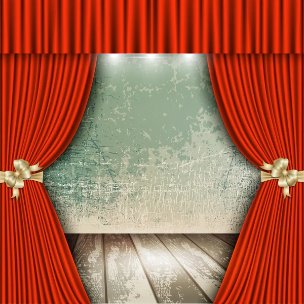Cortina de teatro vermelho com pisos de madeira — Vetor de Stock