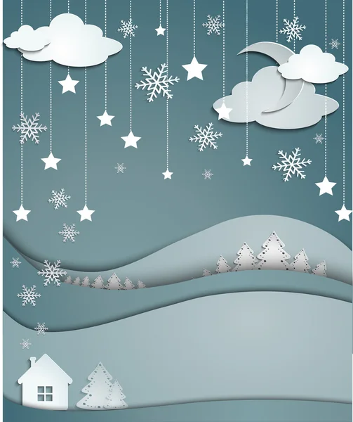 Natt vinter bakgrund av snöflingor träd hus klistermärken — Stock vektor
