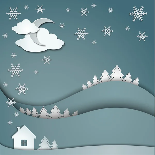 Inverno sfondo di fiocchi di neve alberi casa adesivi — Vettoriale Stock