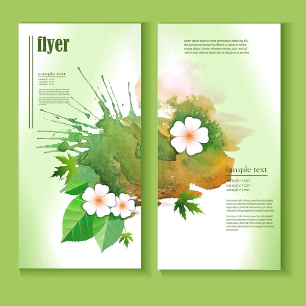 Flyer-Vorlage mit Blättern, Blumen, Aquarell-Spritzern — Stockvektor