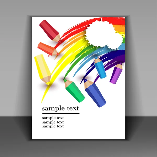 Folleto brillante con arco iris y lápices — Vector de stock