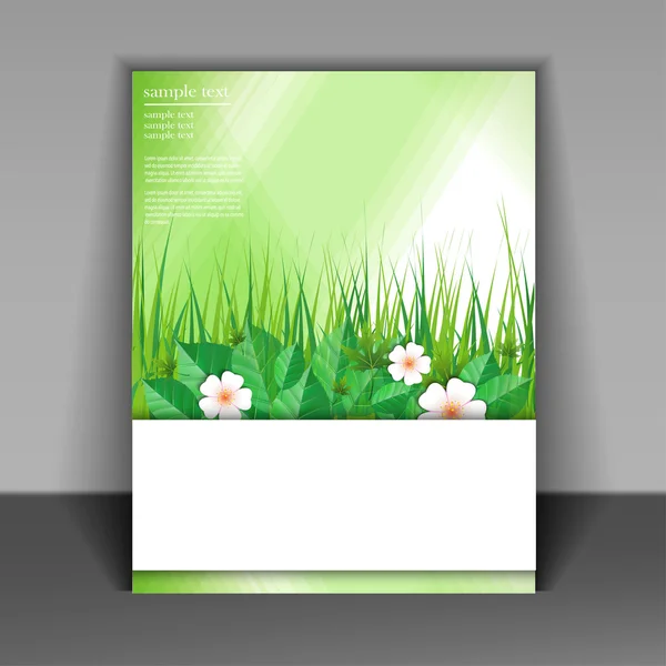 模板的小册子与草和绿色的树叶 — 图库矢量图片