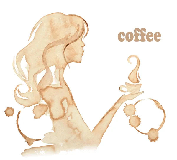 Girl drinks coffee, drawing with coffee stains — Stock Vector