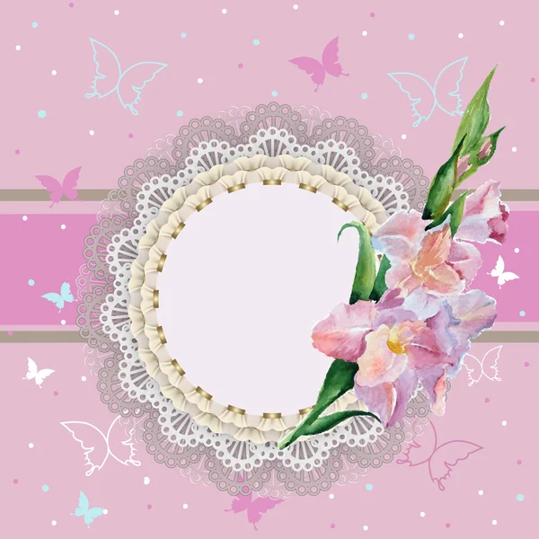 Fondo rosa con mariposas y puntos y color de la etiqueta — Vector de stock