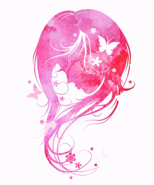 Silhouette belle fille avec de belles fleurs et des papillons — Image vectorielle