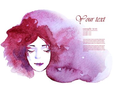 face of a beautiful young woman with long hair, watercolor clipart