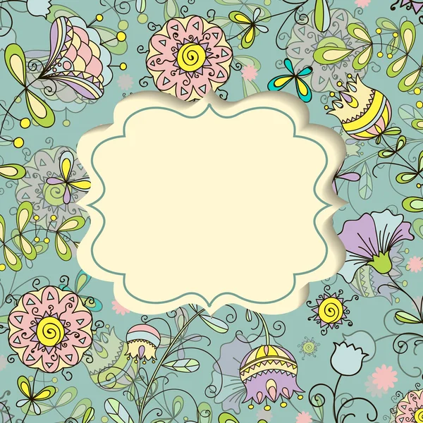 Cadre de carte avec motif floral style doodle — Image vectorielle